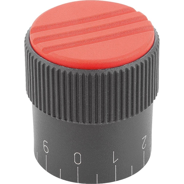 Knurled Knob W.Scale Size:1, D1=21, H=22, D=5, Form:C, Plastic Black, Comp:Steel, Cap:Red
